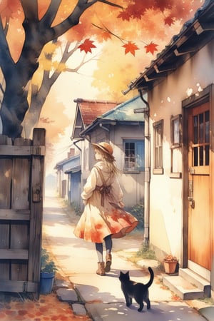 1girl, solo, photographic realism, plains, Changing Season, Alley, Cat, door, AUTUMN, maple tree, maple leaf, watercolor \(medium\),
masterpiece, best quality, aesthetic,