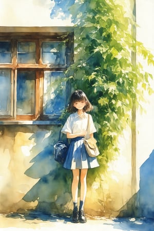 watercolor \(medium\), 1girl, solo, shirt, skirt, bag, short sleeves, white shirt, brown hair, outdoors, shoes, looking at viewer, sunlight, smile, painting, shadow, standing, bangs, building, window, long hair, pleated skirt, shoulder bag, black footwear, day, medium hair, leaf, brown eyes, closed mouth, dappled sunlight, blush, plant, blue skirt, black hair, full body, socks, tree, scenery, house, artist name, black eyes, signature, wide shot, dutch angle, summer, shade, no humans, short hair, simple background, school bag