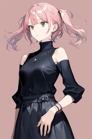 masterpiece, best quality, aesthetic,1girl, realistic, stream, bare shoulders, bracelet, detached sleeves, green eyes, jewelry, pink hair, dark background, short hair, skirt, solo, turtleneck, twintails