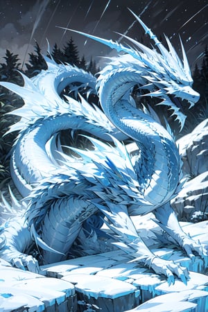 white dragon,ice dragon,starry sky,night,ice world,