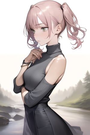 masterpiece, best quality, aesthetic,1girl, realistic, stream, bare shoulders, bracelet, detached sleeves, green eyes, jewelry, pink hair, yellow background, short hair, skirt, solo, turtleneck, twintails,aesthetic