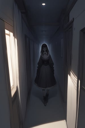 1girl, Creepy, horror,dimly lit hallway, masterpiece, best quality, aesthetic