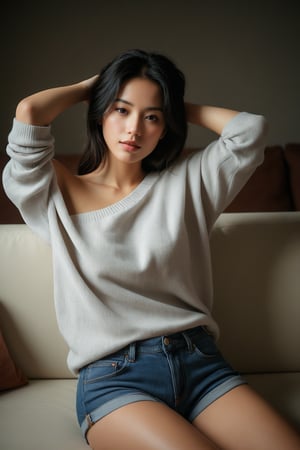 A beautiful woman lounging on a sofa, wearing a loose, off-the-shoulder sweater and denim shorts, her legs slightly bent and one arm resting behind her head, gazing seductively at the viewer, low ambient lighting, casual yet sensual.
