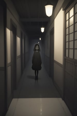 1girl, Creepy, horror,dimly lit hallway,night, masterpiece, best quality, aesthetic,