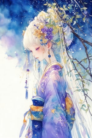 watercolor \(medium\), 1girl, solo, japanese clothes, kimono, hair ornament, long hair, upper body, profile, blush, obi, sash, painting, flower, leaf, from side, blue eyes, jewelry, earrings, blue kimono, hair flower, white hair, blonde hair, purple eyes, plant, closed mouth, star, (symbol), floral print, purple kimono, very long hair, long sleeves, looking away, print kimono, branch, blue theme, bangs, kanzashi, multicolored hair, purple flower, hair stick, yukata, autumn leaves, colorful