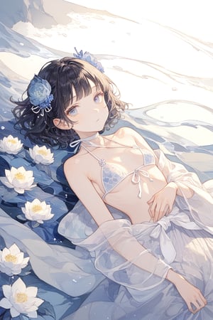 masterpiece, best quality, aesthetic, Groundcore, 1girl, deep sea icefall, ukiyo-e, Lying flat with hands under the head, Triangle Bikini: A bikini top with triangular cups, often tied at the neck and back for adjustability., blue eyes, blue flower, closed mouth, day, dress, flower, holding, holding flower, leaf, light particles, long sleeves, outdoors, purple flower, short hair, standing, white flower, white ribbon