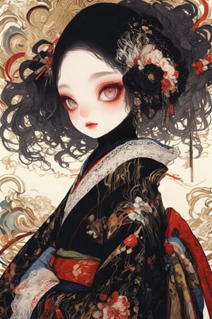 1girl, solo, kimono, japanese clothes, looking at viewer, black hair, black kimono, upper body, sash, hair ornament, flower, obi, red eyes, red flower, print kimono, long sleeves, hair flower, wavy hair, long hair, lace trim, grey eyes, floral print, red lips, lace, wide sleeves, floating hair, from side, abstract background, bow, makeup, closed mouth, forehead, blush, black flower