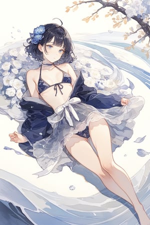 masterpiece, best quality, aesthetic, Groundcore, 1girl, deep sea icefall, ukiyo-e, Lying flat with hands under the head, Triangle Bikini: A bikini top with triangular cups, often tied at the neck and back for adjustability., blue eyes, blue flower, closed mouth, day, dress, flower, holding, holding flower, leaf, light particles, long sleeves, outdoors, purple flower, short hair, standing, white flower, white ribbon