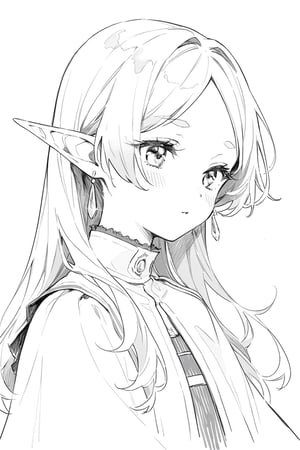 masterpiece, best quality, aesthetic, line_art, monochome,Frieren, elf, pointy ears, drop earrings