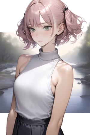 masterpiece, best quality, aesthetic,1girl, realistic, stream, bare shoulders, bracelet, detached sleeves, green eyes, jewelry, pink hair, yellow background, short hair, skirt, solo, turtleneck, twintails,aesthetic