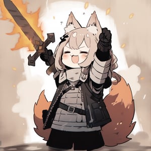 cute knight, 1girl, weapon, sword, :3, holding sword, closed eyes, open clothes, jacket armor, open jacket, solo, flaming weapon, animal ear fluff, tail, =_=, facing viewer, closed mouth, belt, fox ears,  howl, arms up, masterpiece, best quality, aesthetic