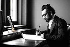 8K highest quality picture , A composer in his 40s, dressed in 1800 attire, is sitting in his study, drawing scores with a pen. Side view, wall sconces. Side view, zoom in, wall sconces,monochrome,Portrait,Stylish