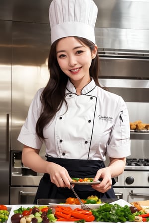 ((chef uniform color is brown)), A beautiful female chef in her 20s cooks vegetables in a clean restaurant kitchen and smiles slightly, ((chef's gaze is straight ahead))