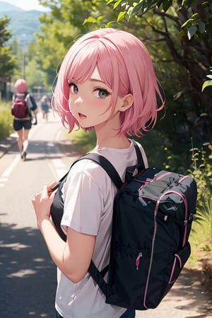 An idol girl in her 20s, with short pink hair and a cute and lovely face.
Wearing hiking clothes and a bag on your back, your face is looking around, your expression is looking for something.,hakari