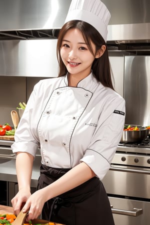 ((chef uniform color is brown)), A beautiful female chef in her 20s cooks vegetables in a clean restaurant kitchen and smiles slightly, ((chef's gaze is straight ahead)), ((right hand wooden spatula))