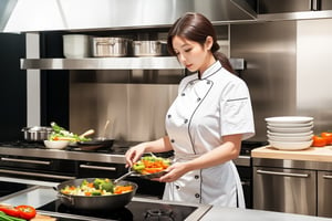 A beautiful female chef in her 20s is cooking vegetables in a frying pan in a clean restaurant kitchen. ((Chef uniform color is brown))