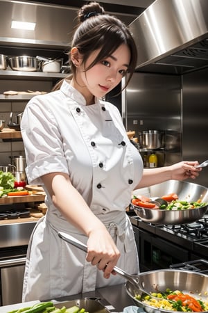 A beautiful female chef in her 20s is cooking vegetables in a frying pan in a clean restaurant kitchen.