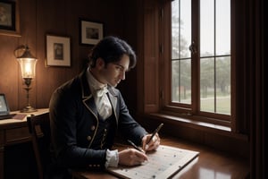 8K highest quality picture , A composer in his 40s, dressed in 1800 attire, is sitting in his study, drawing scores with a pen. Side view, wall sconces. Side view, zoom in, wall sconces,monochrome,Portrait
