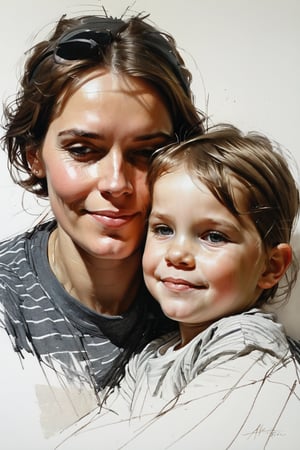 Masterpiece, best quality, dreamwave, aesthetic, portrait: 1 wife, 1 husband and 1boy- chield 2 years old, open look, (looking into the eyes), smiling charmingly, short brown hair, sketch, lineart, pencil, white background, portrait by Alexanov, Style by Nikolay Feshin, artistic oil painting stick,charcoal \(medium\),