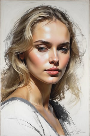 Masterpiece, best quality, dreamwave, aesthetics, 1 woman, open look ((looks into the eyes)), (looks at the viewer), charming sexy half smile, blonde hair, sketch, ruler, pencil, white background, portrait of Russian actress Katerina Shpitsa, Nikolai Feshin style, oil painting, charcoal \(medium \),