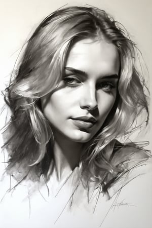 Masterpiece, best quality, dreamwave, aesthetic, 1woman, open look, (looking into the eyes), charming sexy half-smile, blonde hair, sketch, lineart, pencil, white background, portrait by Katerina Shpitsa russian actress, Style by Nikolay Feshin, artistic oil painting stick,charcoal \(medium\),