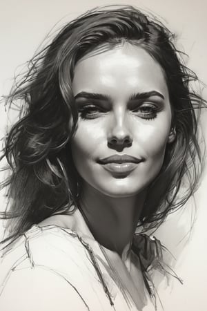 Masterpiece, best quality, dreamwave, aesthetic, 1woman, open look, (looking into the eyes), smiling charmingly sexy, sketch, lineart, pencil, white background, portrait by Alizee, Style by Nikolay Feshin, artistic oil painting stick,charcoal \(medium\),