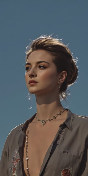 A cosmic explorer A woman Ana de Armas with deep, contemplative eyes, her hair flowing like stardust, adorned with subtle, celestial motifs, standing on the surface of a distant moon, gazing at the vastness of space. 
