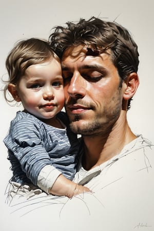 Masterpiece, best quality, dreamwave, aesthetic, portrait: 1 wife, 1 husband 26 years old and 1boy- chield 2 years old, open look, (looking into the eyes), smiling charmingly, short brown hair, sketch, lineart, pencil, white background, portrait by Alexanov, Style by Nikolay Feshin, artistic oil painting stick,charcoal \(medium\),