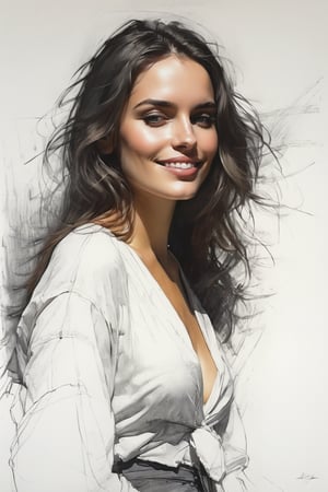 Masterpiece, best quality, dreamwave, aesthetic, 1woman, open look, (looking into the eyes), smiling charmingly sexy, free field of sheet, sketch, lineart, pencil, white background, portrait by Alizee, Style by Nikolay Feshin, artistic oil painting stick,charcoal \(medium\),