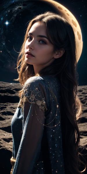 A cosmic explorer A woman with deep, contemplative eyes, her hair flowing like stardust, adorned with subtle, celestial motifs, standing on the surface of a distant moon, gazing at the vastness of space.
