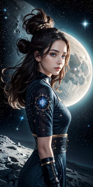 A cosmic explorer A woman with deep, contemplative eyes, her hair flowing like stardust, adorned with subtle, celestial motifs, standing on the surface of a distant moon, gazing at the vastness of space.
