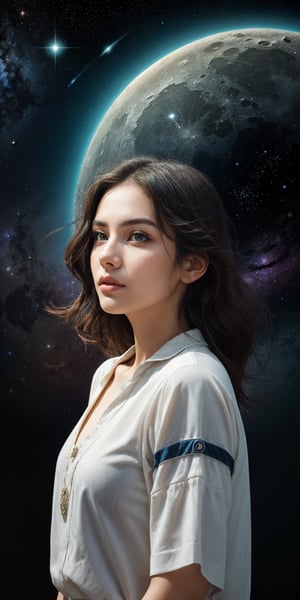 A cosmic explorer A woman with deep, contemplative eyes, her hair flowing like stardust, adorned with subtle, celestial motifs, standing on the surface of a distant moon, gazing at the vastness of space.
