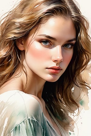 watercolor Sketch, she express her deep soul and strength combined with softness and sensuality, alluring, portrait by Charles Miano, pastel drawing, illustrative art, soft lighting, detailed, more Flowing rhythm, elegant, low contrast, add soft blur with thin line, 