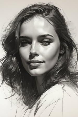 Masterpiece, best quality, dreamwave, aesthetic, 1woman, open look, (looking into the eyes), smiling charmingly sexy, sketch, lineart, pencil, white background, portrait by Alizee, Style by Nikolay Feshin, artistic oil painting stick,charcoal \(medium\),