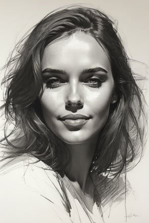 Masterpiece, best quality, dreamwave, aesthetic, 1woman, open look, (looking into the eyes), smiling charmingly sexy, sketch, lineart, pencil, white background, portrait by Alizee, Style by Nikolay Feshin, artistic oil painting stick,charcoal \(medium\),