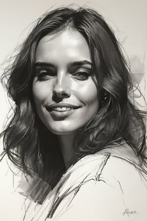 Masterpiece, best quality, dreamwave, aesthetic, 1woman, open look, (looking into the eyes), smiling charmingly sexy, sketch, lineart, pencil, white background, portrait by Alizee, Style by Nikolay Feshin, artistic oil painting stick,charcoal \(medium\),