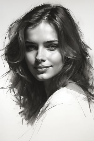 Masterpiece, best quality, dreamwave, aesthetic, 1woman, open look, (looking into the eyes), smiling charmingly sexy, sketch, lineart, pencil, white background, portrait by Katerina Shpitsa russian actress, Style by Nikolay Feshin, artistic oil painting stick,charcoal \(medium\),