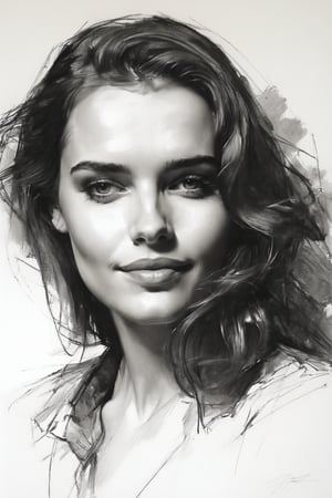 Masterpiece, best quality, dreamwave, aesthetic, 1woman, open look, (looking into the eyes), smiling charmingly sexy, sketch, lineart, pencil, white background, portrait by Katerina Shpitsa russian actress, Style by Nikolay Feshin, artistic oil painting stick,charcoal \(medium\),