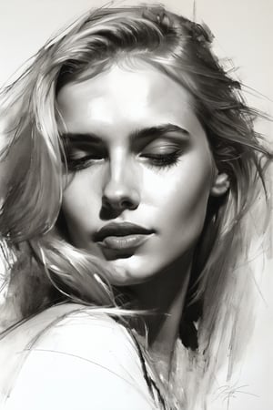 Masterpiece, best quality, dreamwave, aesthetic, 1woman, open look, (looking into the eyes), charming sexy half-smile, blonde hair, sketch, lineart, pencil, white background, portrait by Katerina Shpitsa russian actress, Style by Nikolay Feshin, artistic oil painting stick,charcoal \(medium\),