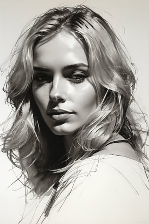 Masterpiece, best quality, dreamwave, aesthetic, 1woman, open look, (looking into the eyes), charming sexy half-smile, blonde hair, sketch, lineart, pencil, white background, portrait by Katerina Shpitsa russian actress, Style by Nikolay Feshin, artistic oil painting stick,charcoal \(medium\),