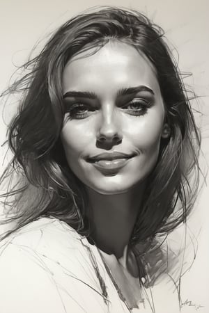 Masterpiece, best quality, dreamwave, aesthetic, 1woman, open look, (looking into the eyes), smiling charmingly sexy, sketch, lineart, pencil, white background, portrait by Alizee, Style by Nikolay Feshin, artistic oil painting stick,charcoal \(medium\),