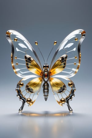 Transparent Cyborg Greyish-Bywing,Glass mechanical cute butterfly about 7 inches long,(bright plumage),the wings have a reddish-golden tint,the area between the wings is lemon,black hairs on the legs,okeh,,Sorayama style,transparent glass skin