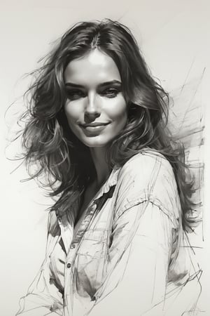 Masterpiece, best quality, dreamwave, aesthetic, 1woman, open look, (looking into the eyes), smiling charmingly sexy, free field of sheet, sketch, lineart, pencil, white background, portrait by Alizee, Style by Nikolay Feshin, artistic oil painting stick,charcoal \(medium\),