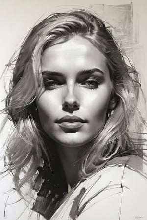 Masterpiece, best quality, dreamwave, aesthetic, 1woman, open look, (looking into the eyes), charming sexy half-smile, blonde hair, sketch, lineart, pencil, white background, portrait by Katerina Shpitsa russian actress, Style by Nikolay Feshin, artistic oil painting stick,charcoal \(medium\),