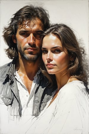 Masterpiece, highest quality, extreme clarity, dreamwave, aesthetic, portrait of three people: 1 wife and 1 husband of 26 years and 1 girl of 2 years, open look (looks into the eyes), charming half-smile, short brown hair, sketch, ruler, pencil, white background, portrait of Aleksanov, Style of Nikolai Feshin, art oil painting, charcoal \ (medium \),