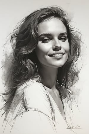 Masterpiece, best quality, dreamwave, aesthetic, 1woman, open look, (looking into the eyes), smiling charmingly sexy, sketch, lineart, pencil, white background, portrait by Alizee, Style by Nikolay Feshin, artistic oil painting stick,charcoal \(medium\),