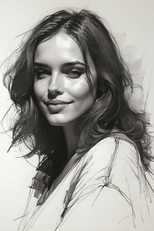 Masterpiece, best quality, dreamwave, aesthetic, 1woman, open look, (looking into the eyes), smiling charmingly sexy, sketch, lineart, pencil, white background, portrait by Alizee, Style by Nikolay Feshin, artistic oil painting stick,charcoal \(medium\),
