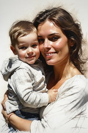 Masterpiece, best quality, dreamwave, aesthetic, portrait: 1 wife, 1 husband 26 years old and 1boy- chield 2 years old, open look, (looking into the eyes), smiling charmingly, short brown hair, sketch, lineart, pencil, white background, portrait by Alexanov, Style by Nikolay Feshin, artistic oil painting stick,charcoal \(medium\),