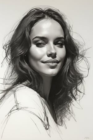 Masterpiece, best quality, dreamwave, aesthetic, 1woman, open look, (looking into the eyes), smiling charmingly sexy, sketch, lineart, pencil, white background, portrait by Alizee, Style by Nikolay Feshin, artistic oil painting stick,charcoal \(medium\),