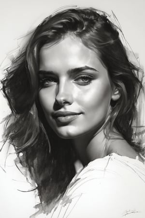 Masterpiece, best quality, dreamwave, aesthetic, 1woman, open look, (looking into the eyes), smiling charmingly sexy, sketch, lineart, pencil, white background, portrait by Katerina Shpitsa russian actress, Style by Nikolay Feshin, artistic oil painting stick,charcoal \(medium\),